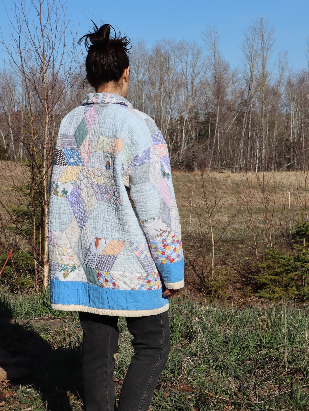 Upcycled Patchwork Quilt Coat Vintage Blanket Light Blue L • XL - Picture 6 of 12